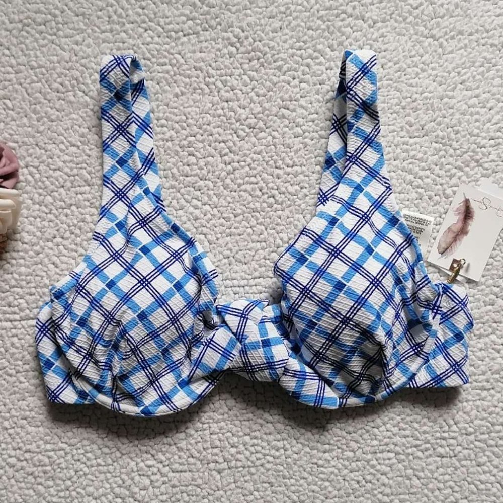 Jessica Simpson Women’s Tie Front D-Bra in Caspian Plaid, Size LD